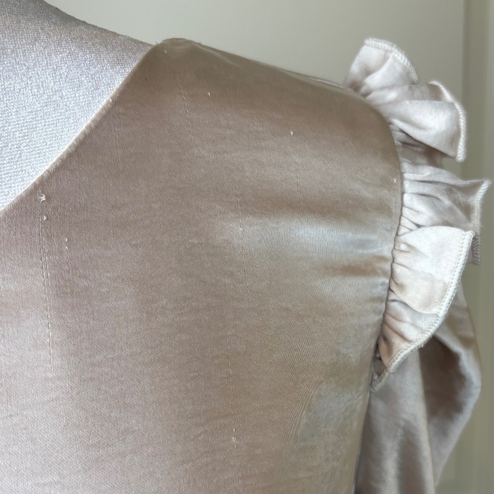 NWT Aakaa Champagne One Shoulder Lined Mini Dress w/ Ruffle Accent and Tie Belt - Picture 5 of 16